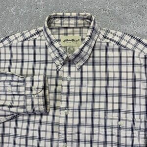 Vintage Eddie Bauer Mens Shirt Large Plaid Button‎ Down Long Sleeve Cream Black